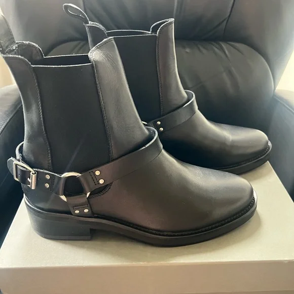 All Saints Salome Black Ankle Harness Biker Boots Punk Goth New in Box - Picture 1 of 9